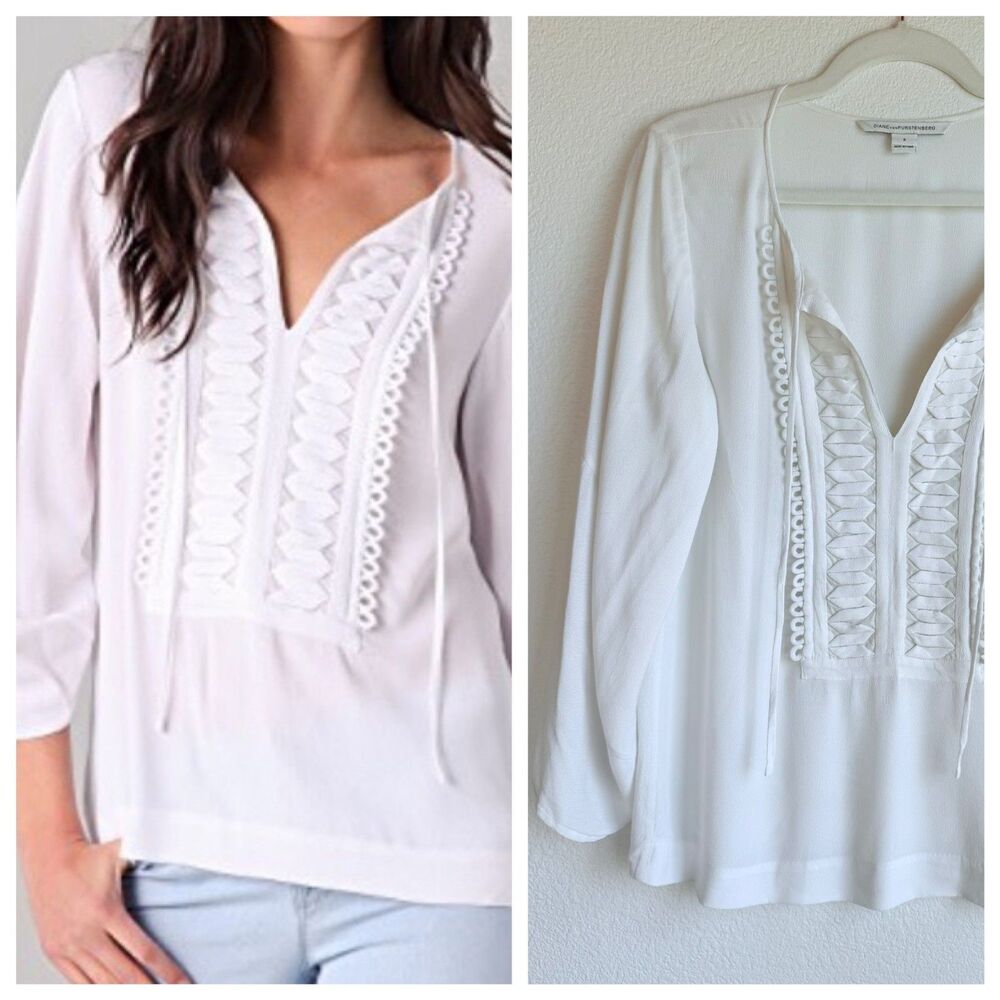 Diane von Furstenberg Iliana Embellished Popover 3/4 Sleeve Top in White Size 6